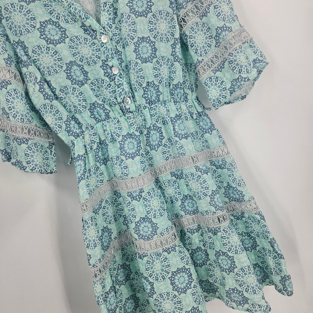 Temptation Positano Puebla Linen Dress Green Blue Medallion Lace Trim Mini Sz S - Picture 4 of 13
